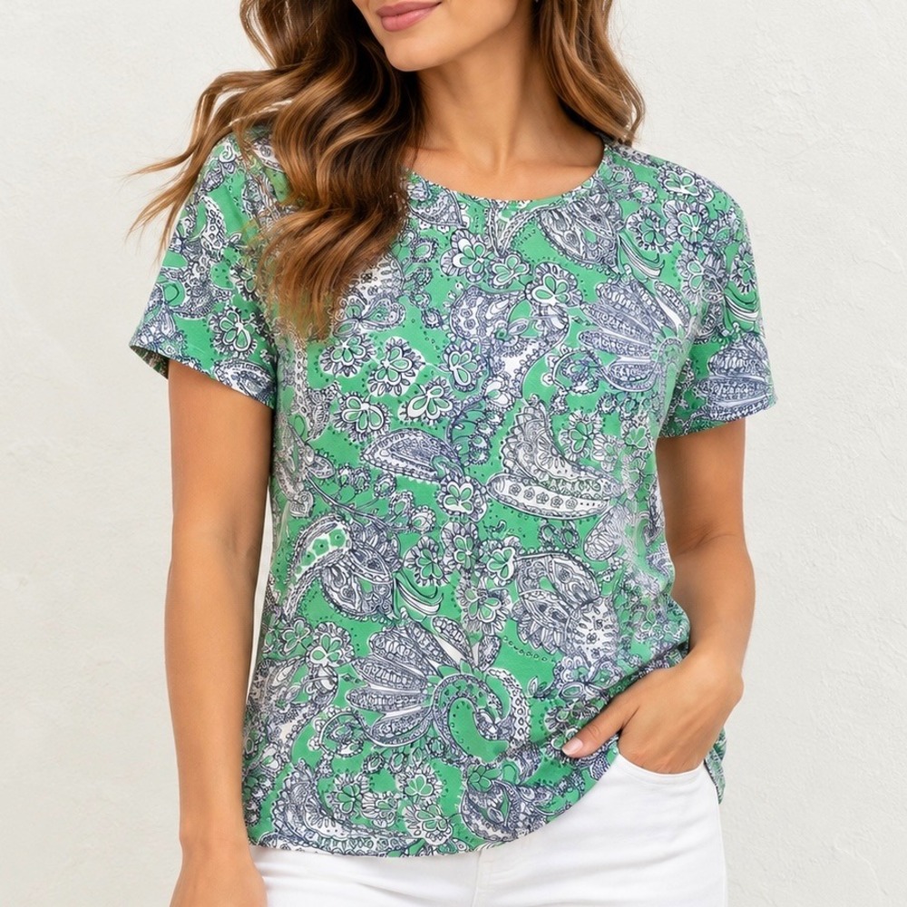 Talbots Women Green Paisley Print Short Sleeve Cotton Spandex Tee Shirt Size M